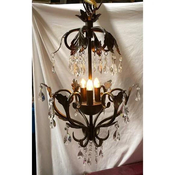 Chandelier 3 Light Antique Rubbed Brass Leaf Scroll 31 2-Tier Prism Crystals - Picture 15 of 16